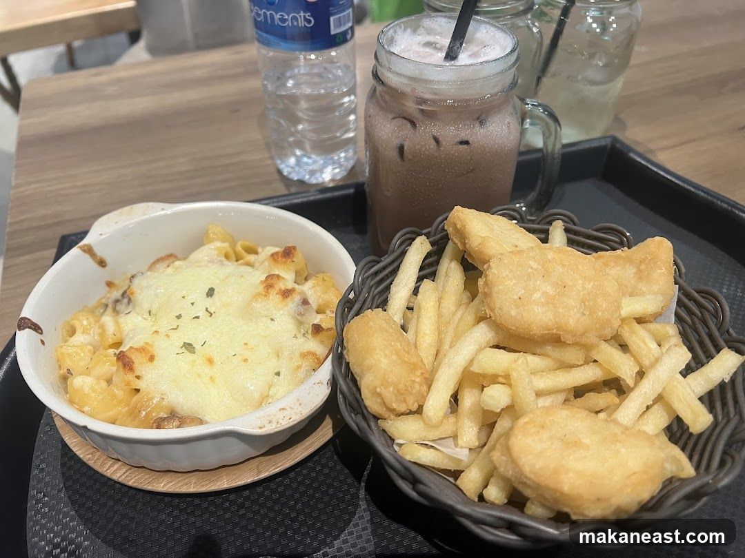 Baked Pasta and Chicken Nuggets with Fries