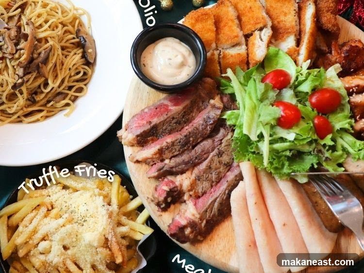 Platter with Steak, Fries, and Pasta