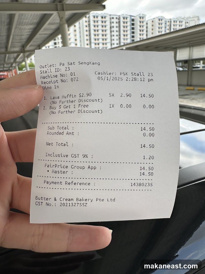 Receipt from Butter & Cream Bakery