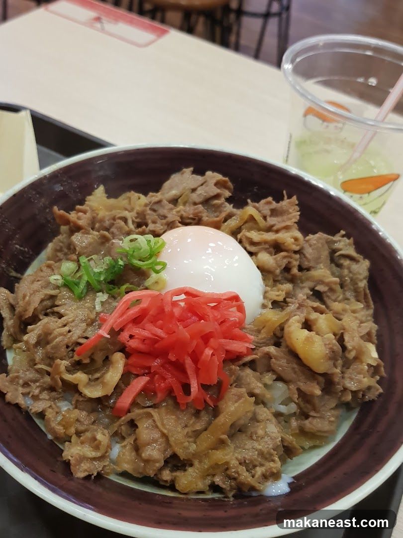 Beef bowl with egg and pickled ginger