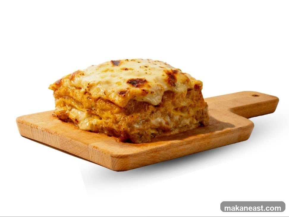 Lasagna Slice on Wooden Board