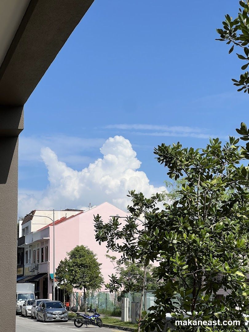 Pink building with trees and clouds