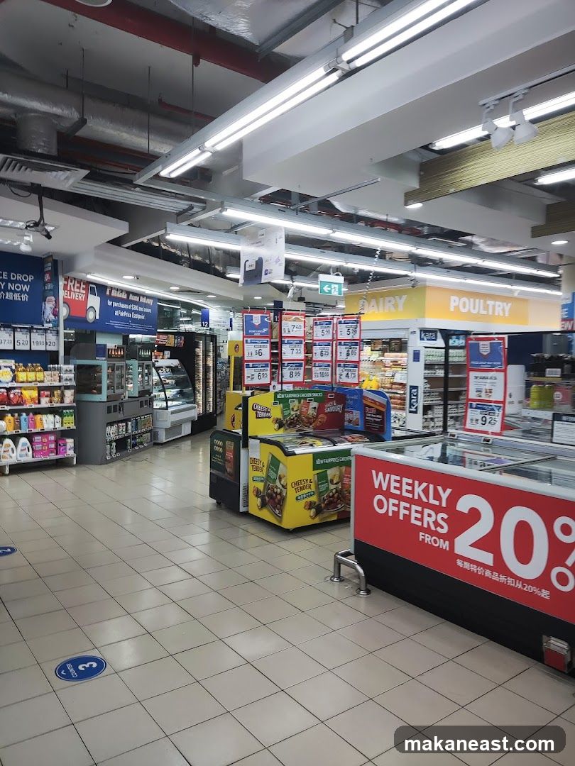 Supermarket aisle with weekly offers