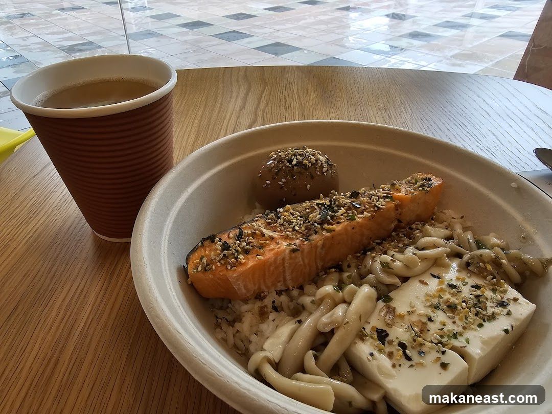 Salmon and Tofu Bowl with Drink