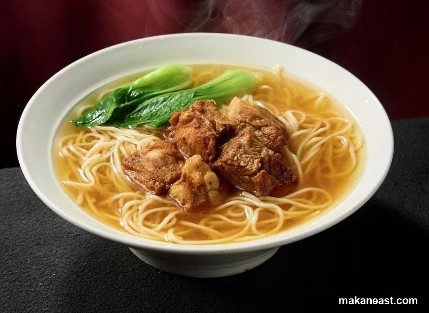 Bowl of Noodles with Meat and Greens