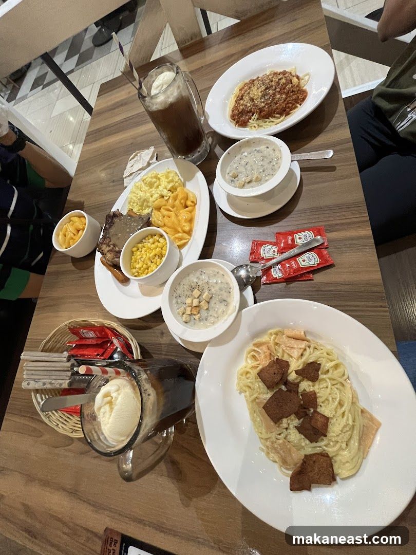 Table with various dishes and drinks
