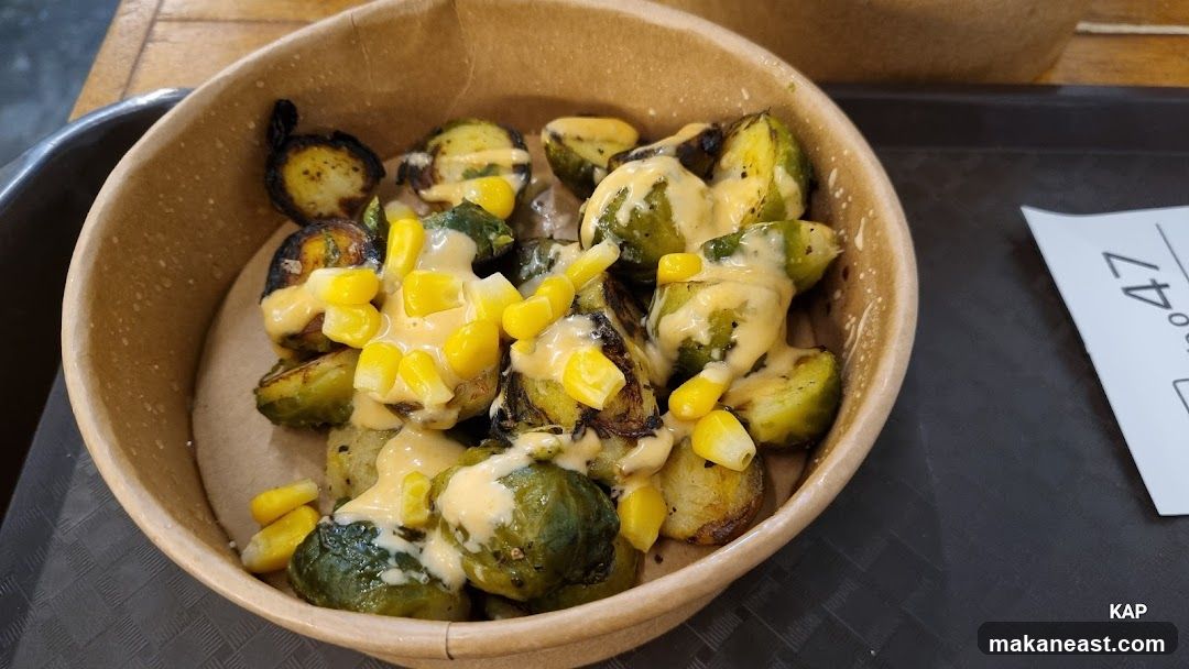 Roasted Brussels Sprouts with Corn and Cheese Sauce