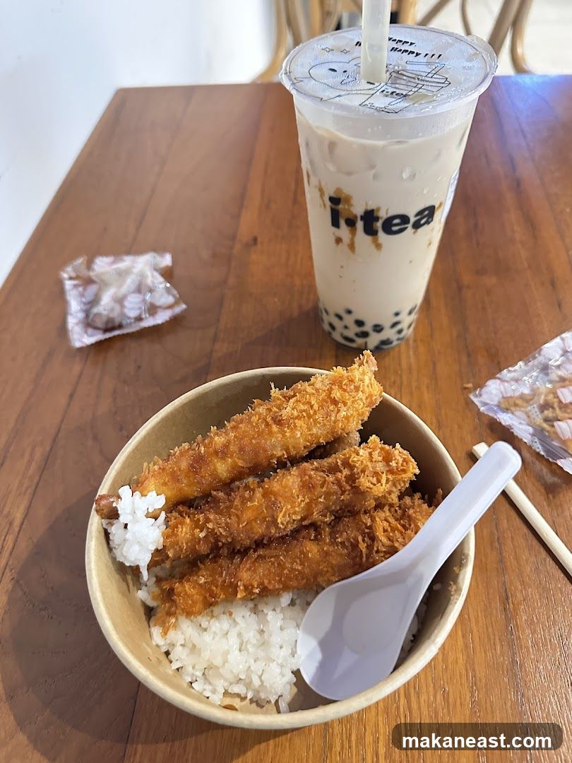 Fried Shrimp and Rice Bowl with Boba Tea