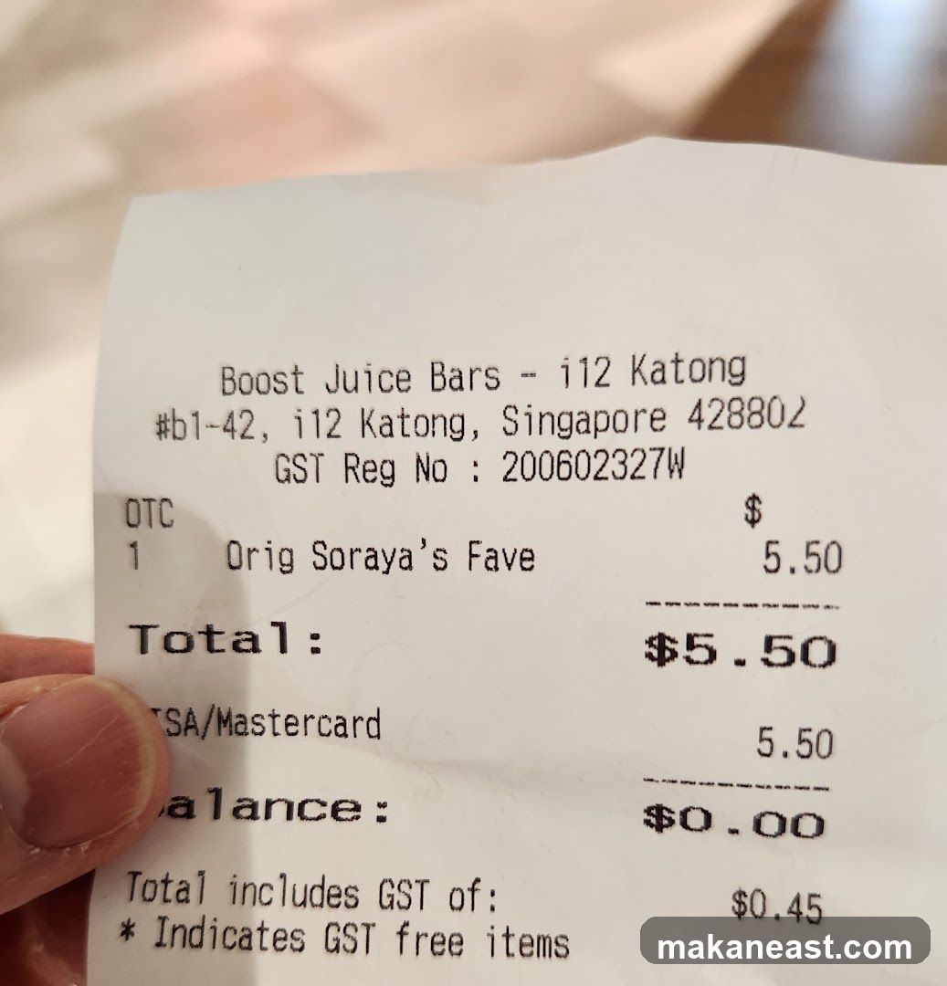 Receipt from Boost Juice Bars