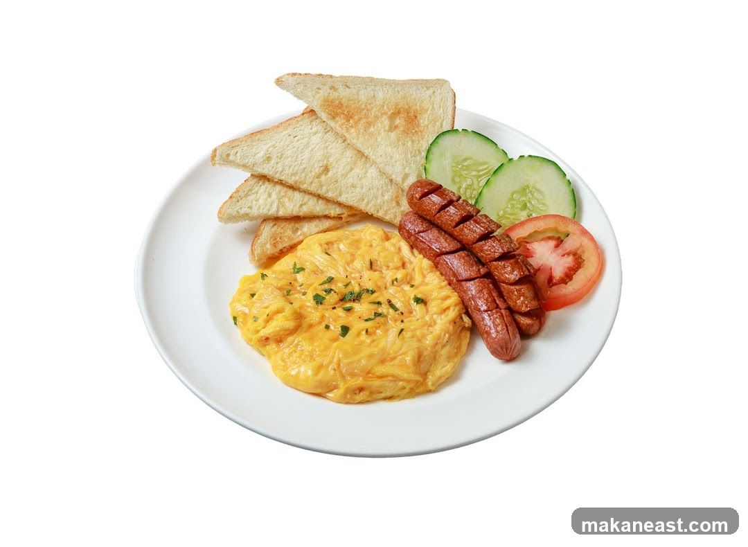 Scrambled Eggs with Sausages and Toast