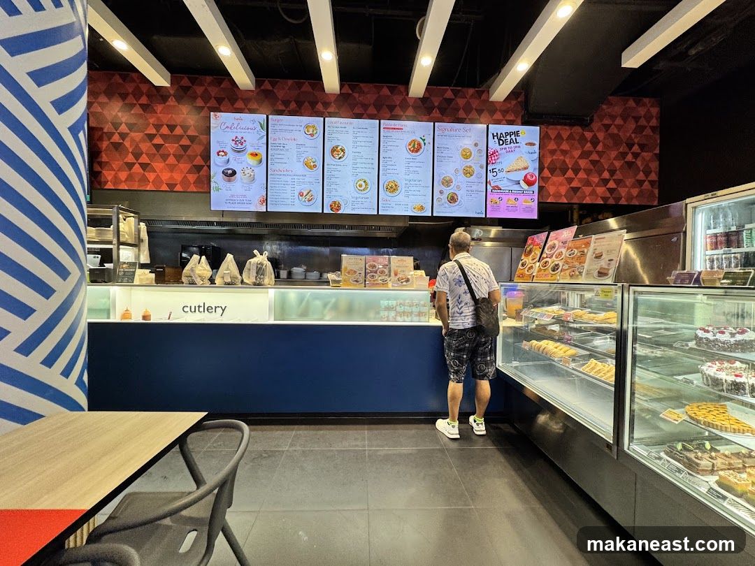 Food counter with digital menus and display cases