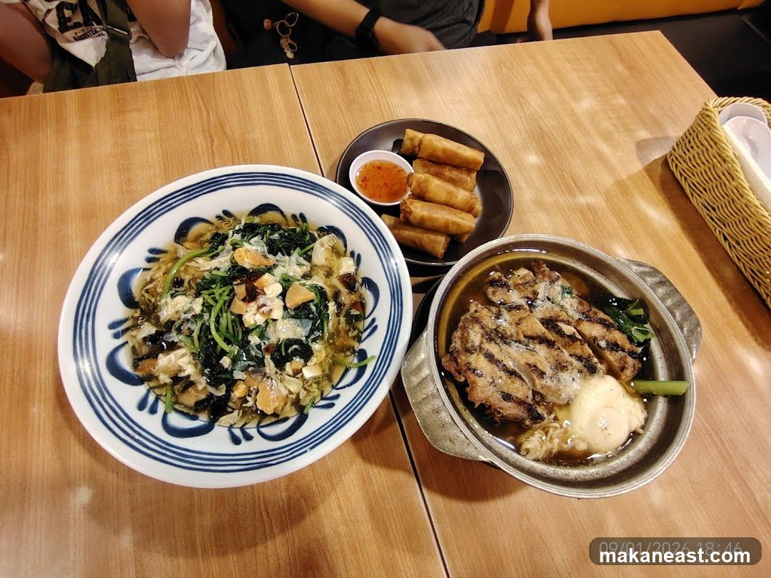 Three dishes on a wooden table