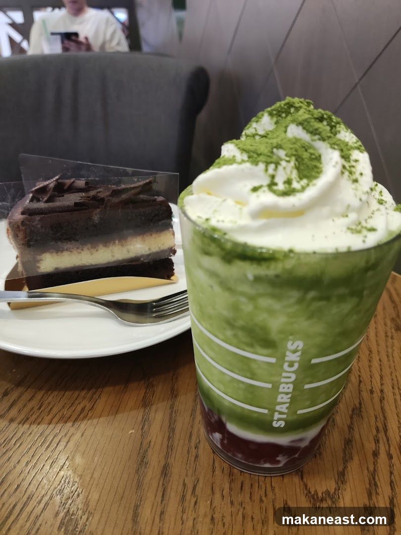 Matcha Frappuccino and Chocolate Cake