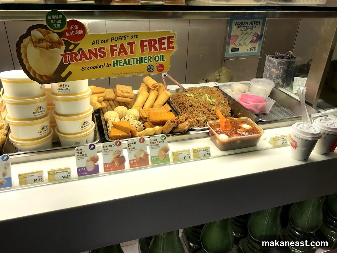 Food display with various snacks and dishes