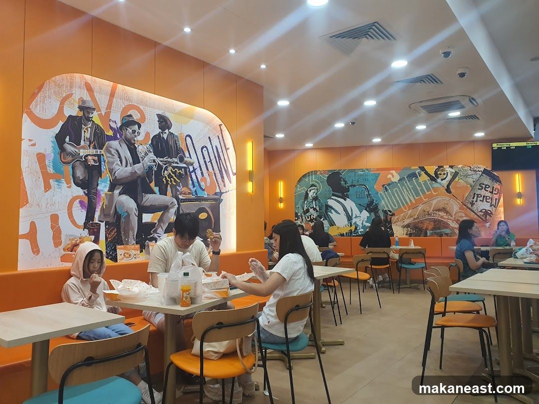 Diners in a brightly decorated restaurant