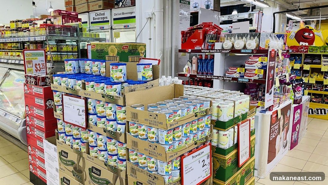 Supermarket Aisles with Canned Goods and Promotions
