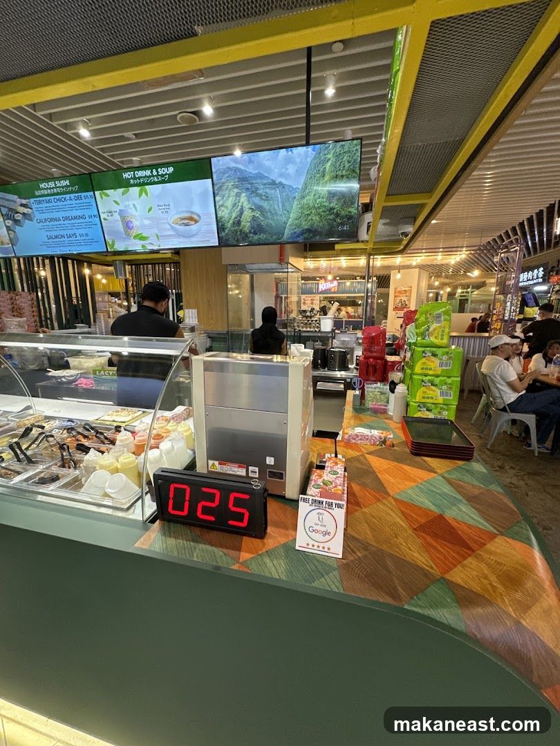 Food court counter with digital display and menu screens