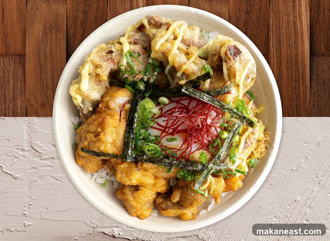 Donburi bowl with fried chicken and egg