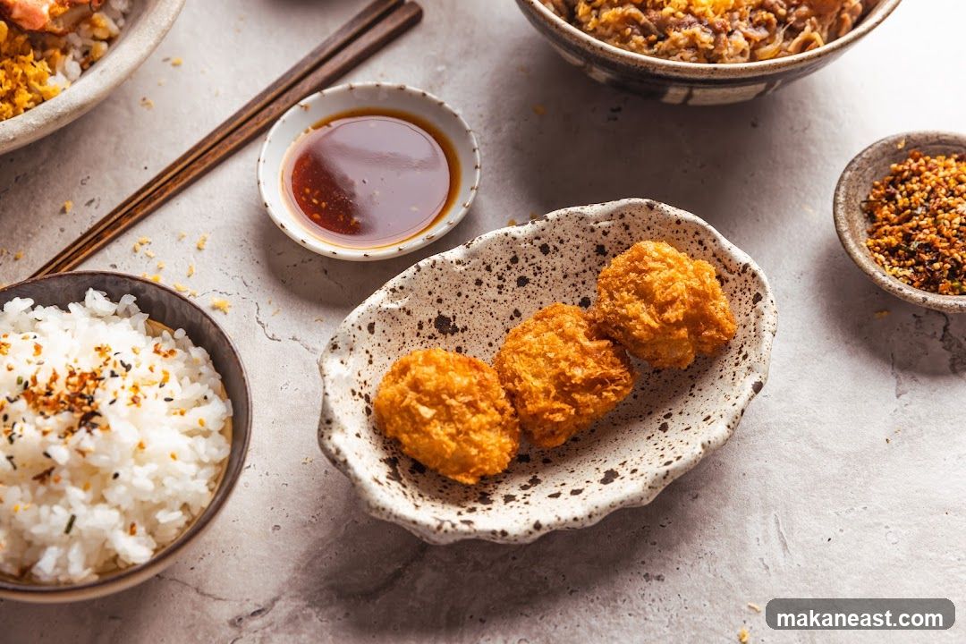 Fried Bites with Rice and Dipping Sauce