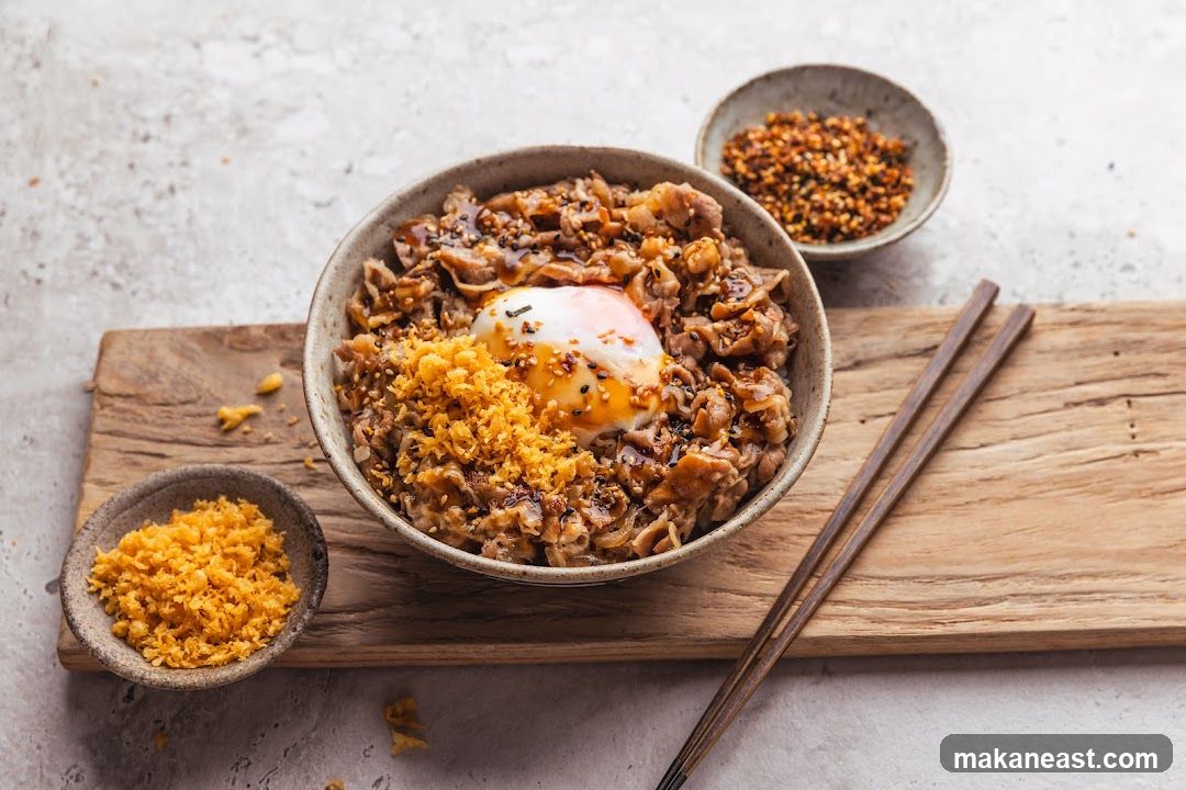 Beef Bowl with Egg and Crispy Toppings