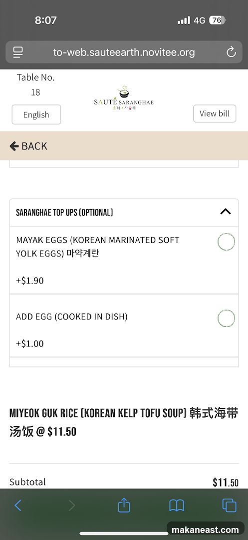 Saute Saranghae Menu