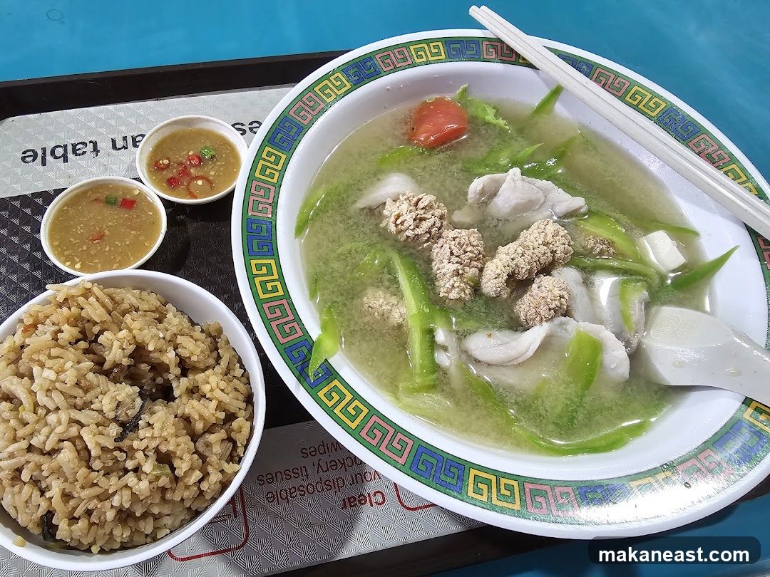 Fish soup with rice and dipping sauces
