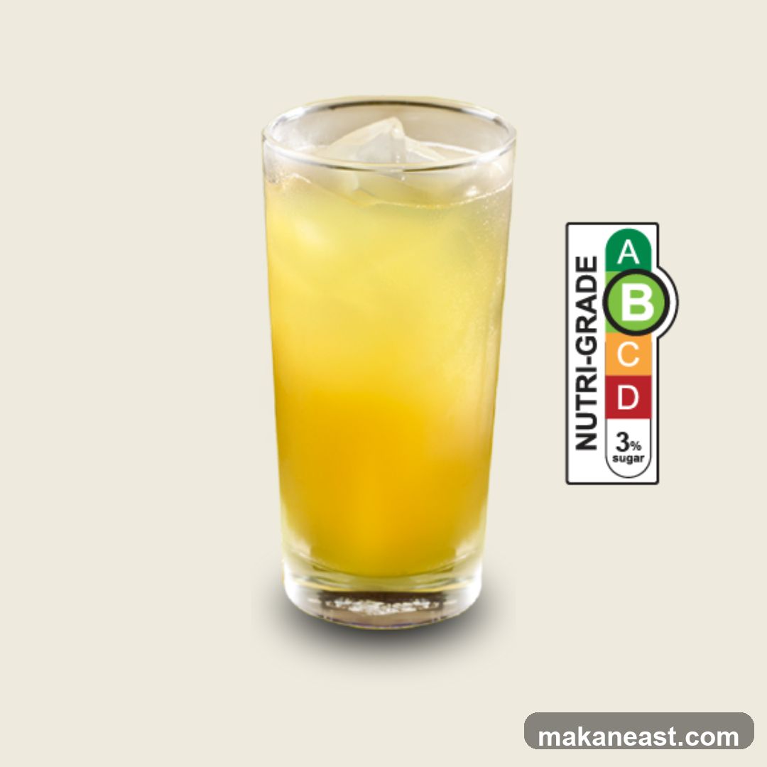 Glass of yellow beverage with ice and Nutri-Grade label