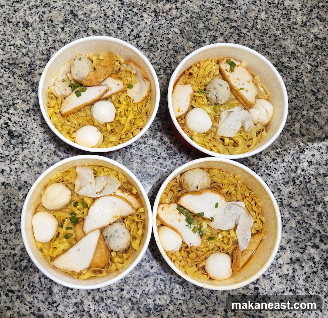 Four bowls of noodles
