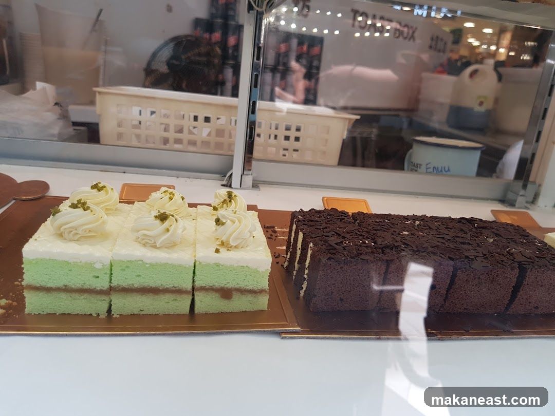 Cakes in a display case