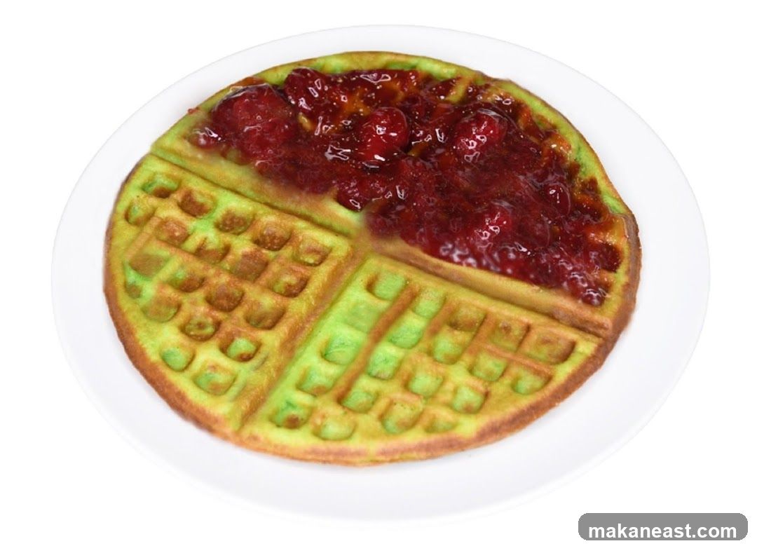 Green Waffle with Strawberry Topping