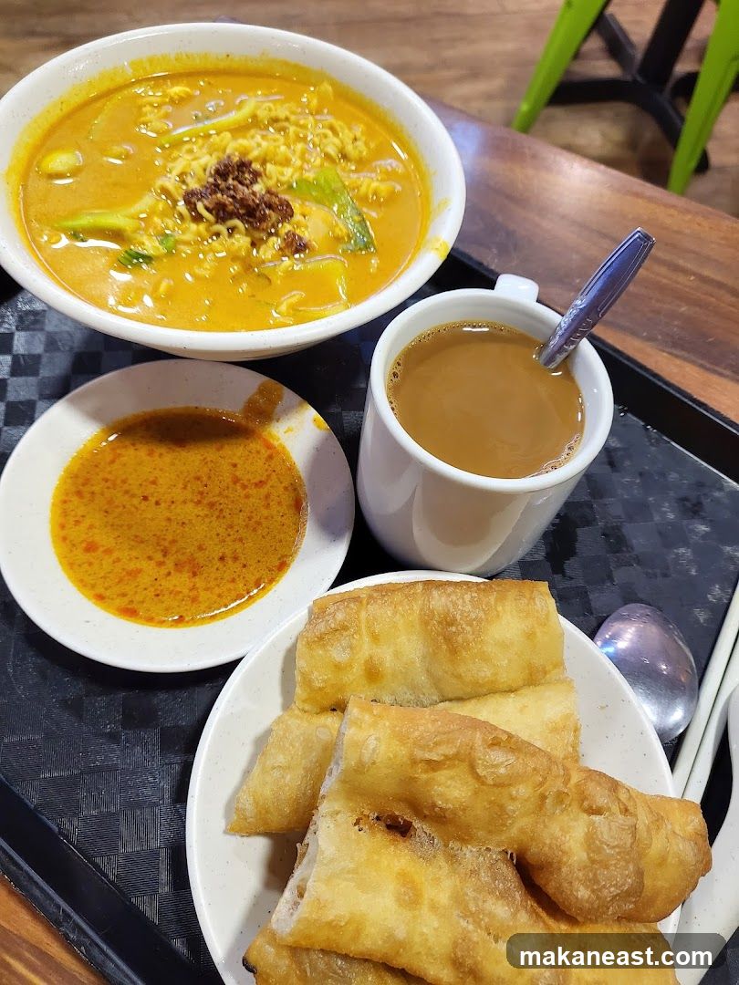Curry Noodles with Fried Dough Sticks and Coffee