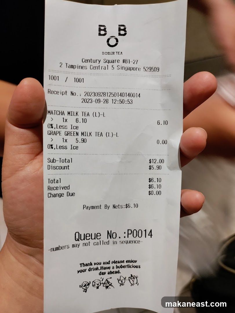 BOBER TEA Receipt