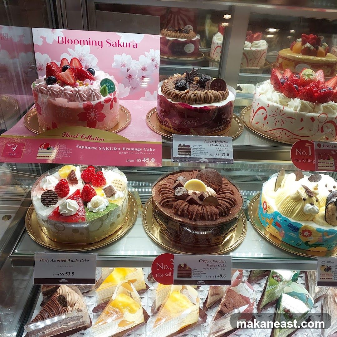 Cakes in a display case