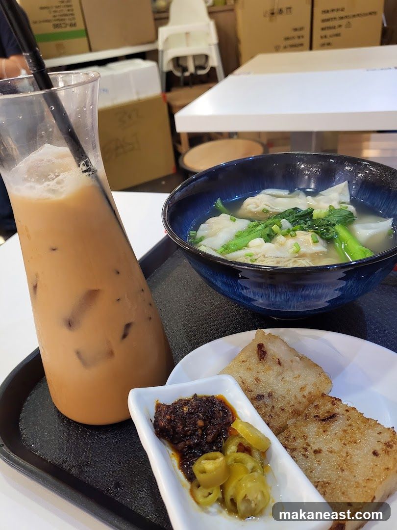Wonton Noodle Soup with Iced Milk Tea and Turnip Cake