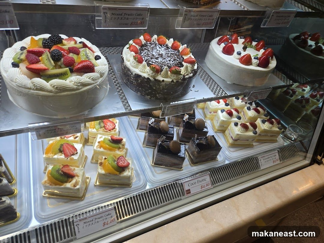 Cakes in a display case