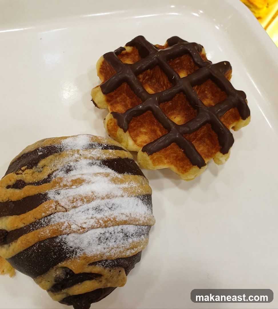 Chocolate drizzled waffle and pastry