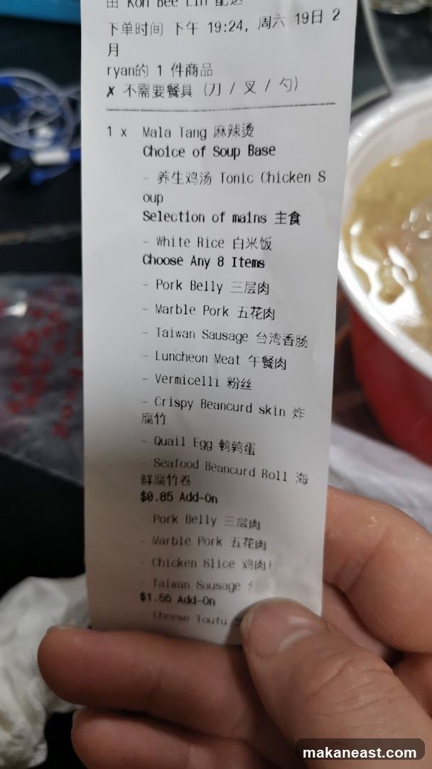 Mala Tang Order Receipt