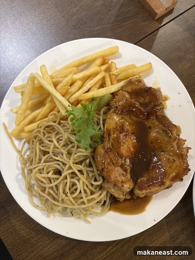 Chicken Chop with Spaghetti and Fries