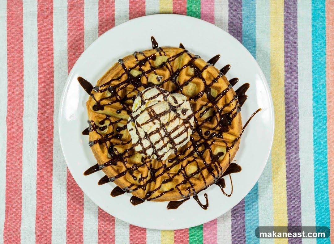 Waffle with Ice Cream and Chocolate Drizzle