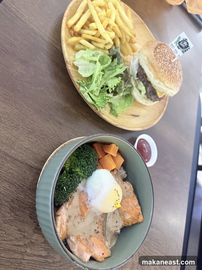 Salmon Rice Bowl and Burger