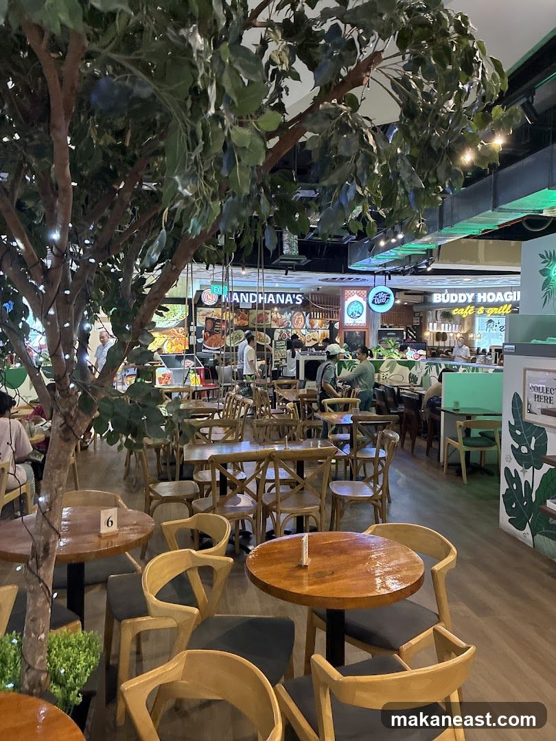 Indoor dining area with tables and chairs