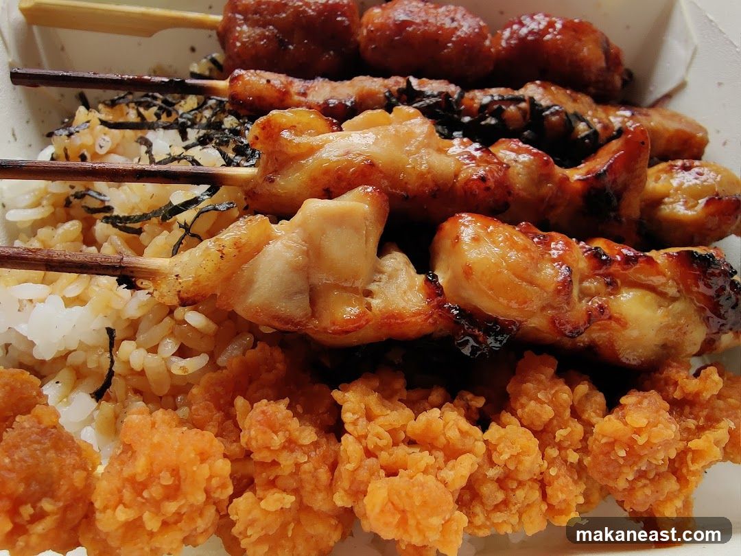 Chicken Skewers and Fried Chicken with Rice