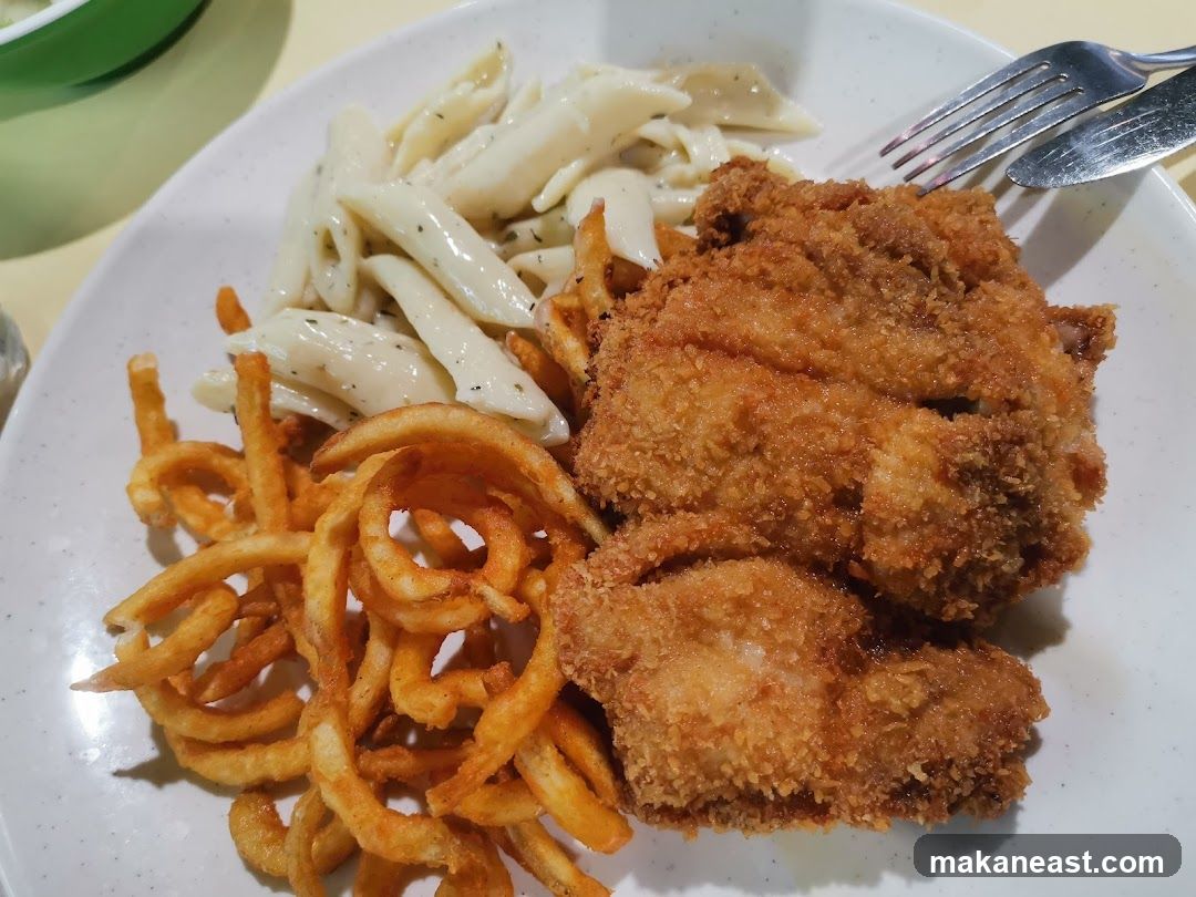 Fried Chicken with Pasta and Curly Fries