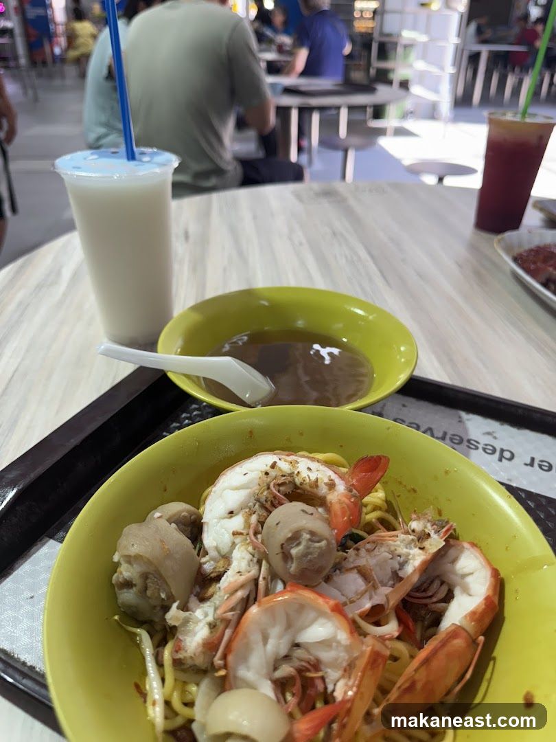 Noodle Dish with Shrimp and Drink