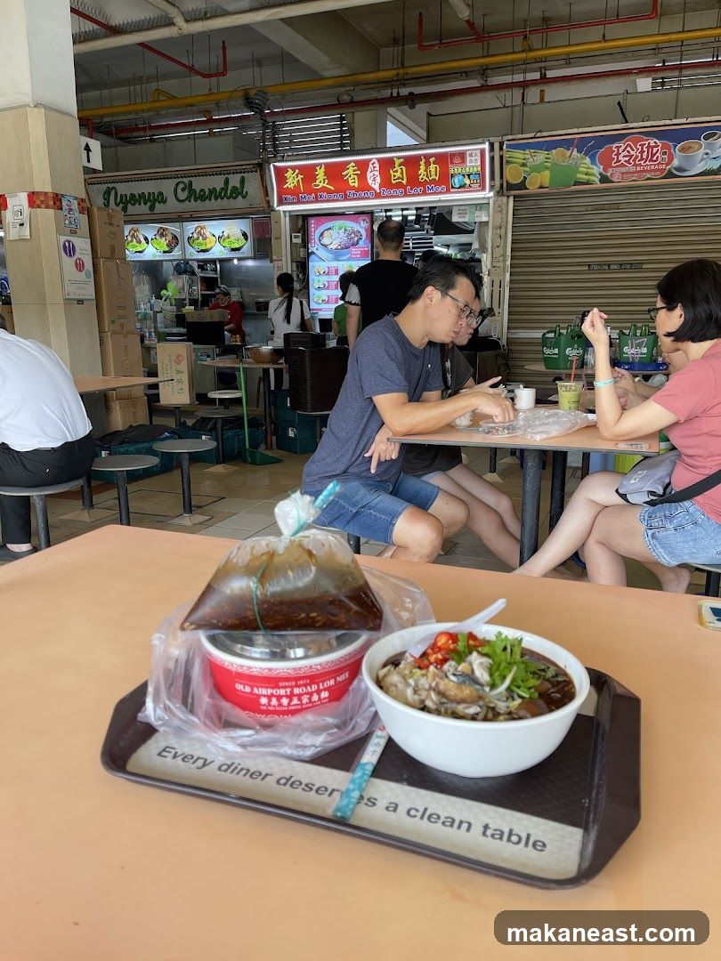 Food court scene with diners and food