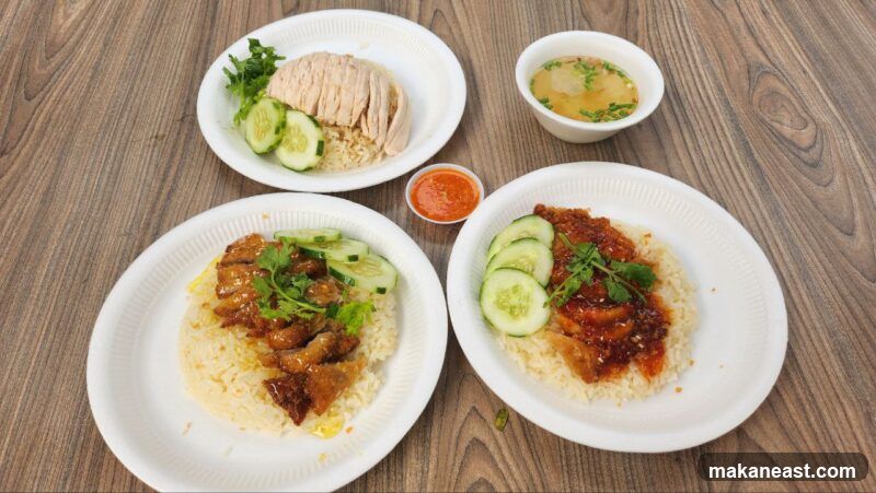 Three plates of rice with meat and soup