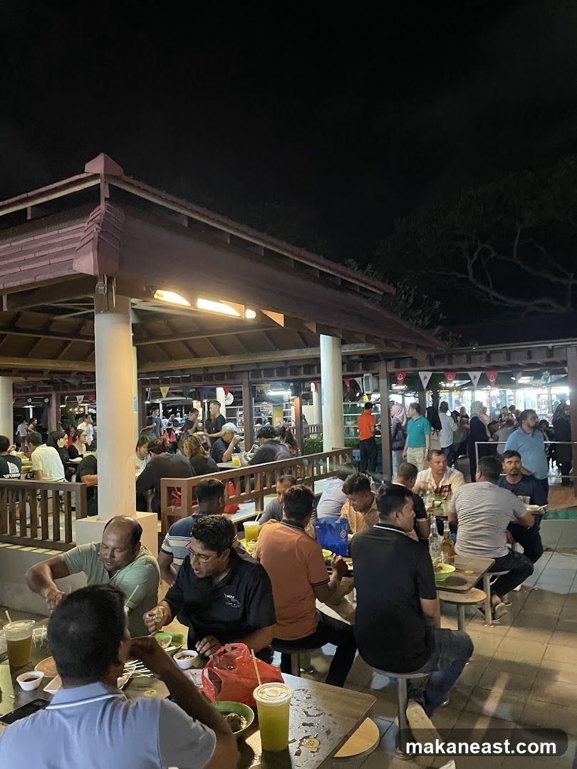 Outdoor dining area at night
