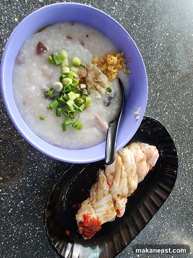Congee with Toppings and Shrimp Rolls