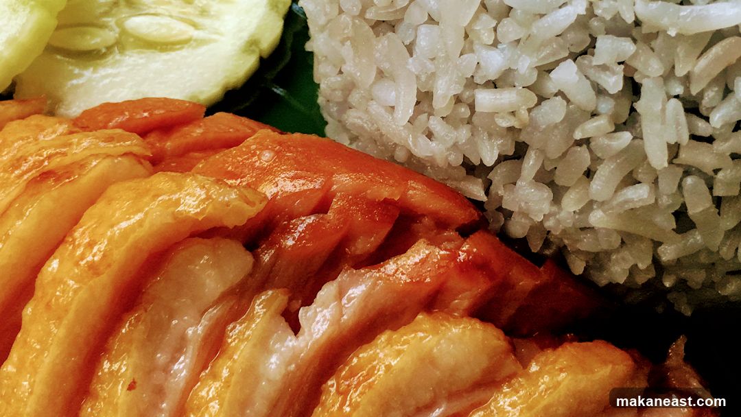 Close-up of Sliced Meat with Rice and Cucumber