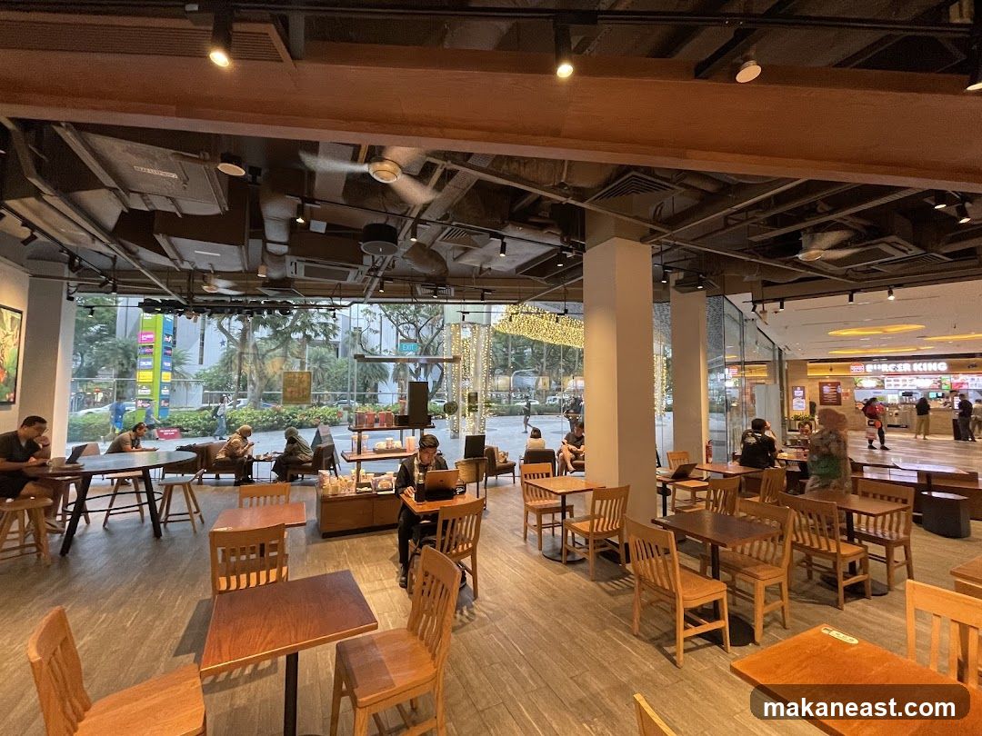 Interior of a cafe with people dining and working